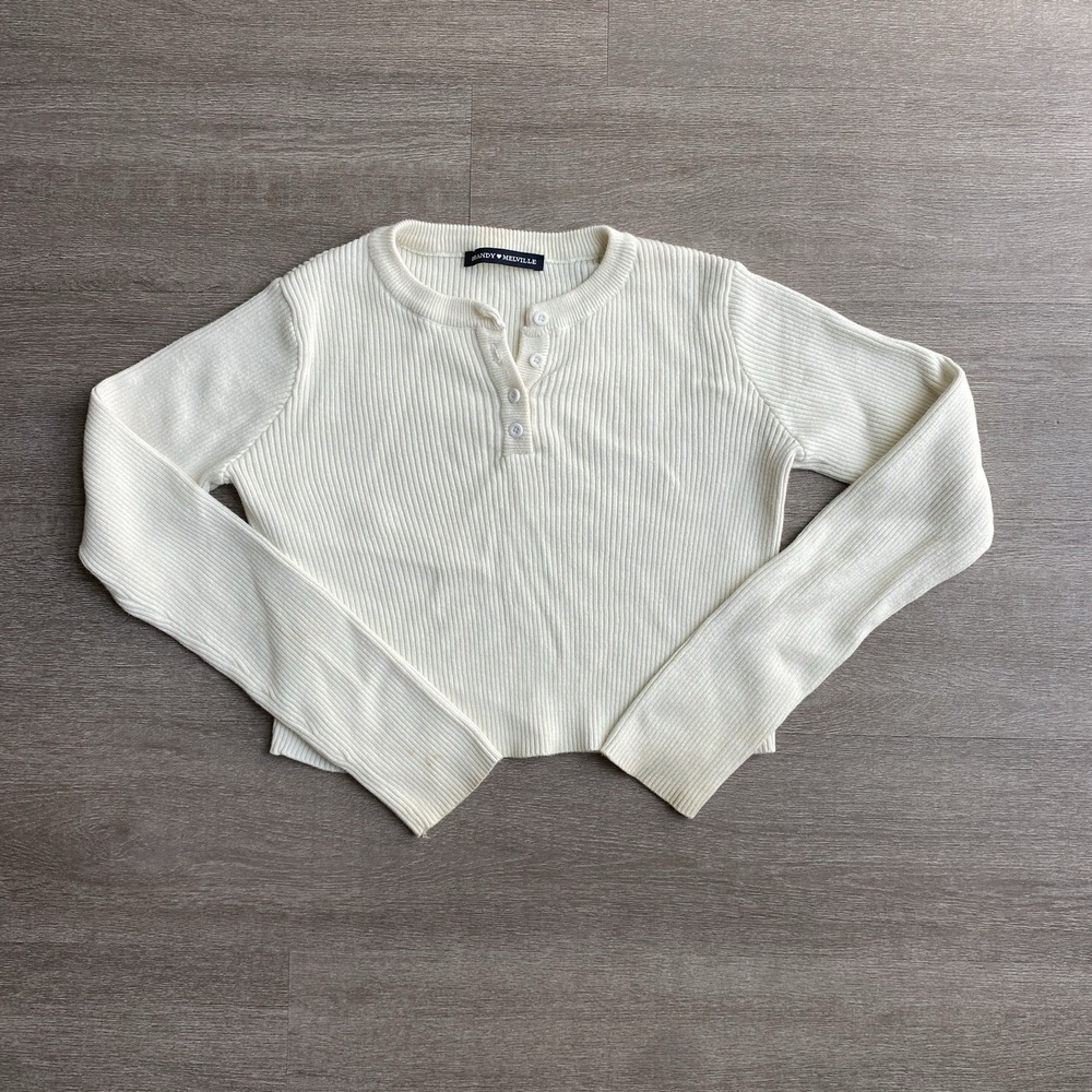 Brandy Melville Off White Henley Ribbed Long Sleeve Shirt  One‎ Size Preppy 1415